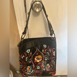 Hand-Painted Floral Black Shoulder Bag